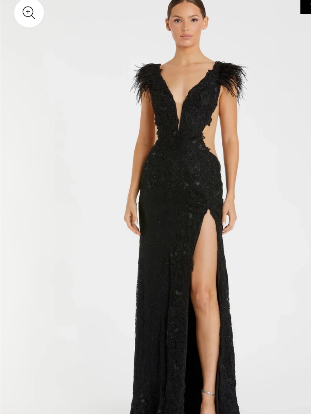 Mac Duggal Black Feather-Shoulder Plunging Evening Gown